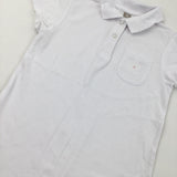 Flower Pocket White Short Sleeve Polo Shirt - Girls 12 Years