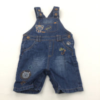 Tiger & Lion Appliqued Mid Blue Denim Short Dungarees - Boys 9-12 Months