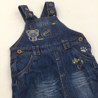 Tiger & Lion Appliqued Mid Blue Denim Short Dungarees - Boys 9-12 Months