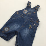 Tiger & Lion Appliqued Mid Blue Denim Short Dungarees - Boys 9-12 Months