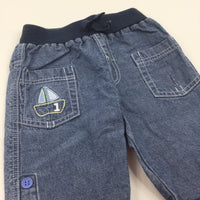 Sailing Boat Embroidered Mid Blue Lightweight Denim Jeans - Boys 0-3 Months