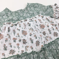 Flowers Green, White & Pink Lightweight Cotton Dress - Girls 2-3 Years