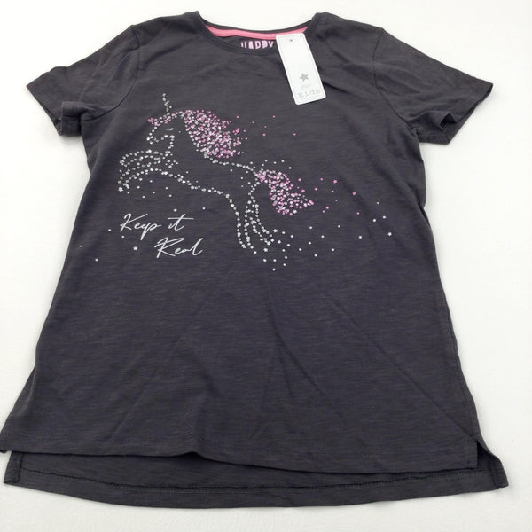 **NEW** 'Keep It Real' Sequins Unicorn Grey & Pink T-Shirt - Girls 12-13 Years