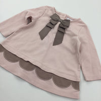 Pale Pink Jersey Dress with Brown Bow Detail - Girls 3-6 Months