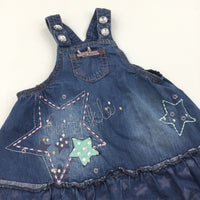 'Twinkle' Stars Appliqued Mid Blue Denim Effect Cotton Dungaree Dress - Girls 3-6 Months