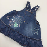 'Twinkle' Stars Appliqued Mid Blue Denim Effect Cotton Dungaree Dress - Girls 3-6 Months