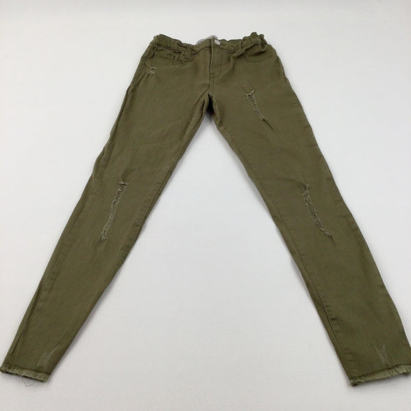 Distressed Olive Green Skinny Cotton Trousers with Adjustable Waistband - Girls 11-12 Years