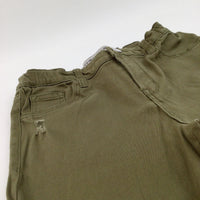 Distressed Olive Green Skinny Cotton Trousers with Adjustable Waistband - Girls 11-12 Years