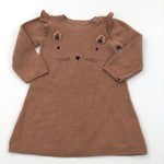 Embroidered Cat Face Brown Knitted Dress - Girls 12-18 Months