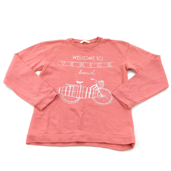 'Welcome To Venice Beach' Bicycle & Surfboard Lightweight Red/Pink Sweatshirt - Girls 11-12 Years