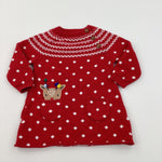 Reindeer Pocket Spotty Red & White Knitted Christmas Dress - Girls 3-6 Months