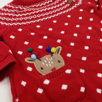 Reindeer Pocket Spotty Red & White Knitted Christmas Dress - Girls 3-6 Months