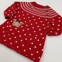 Reindeer Pocket Spotty Red & White Knitted Christmas Dress - Girls 3-6 Months