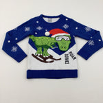 'Roarsome' Flap Mouth Dinosaur White & Blue Knitted Christmas Jumper - Boys/Girls 9-10 Years