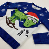 'Roarsome' Flap Mouth Dinosaur White & Blue Knitted Christmas Jumper - Boys/Girls 9-10 Years