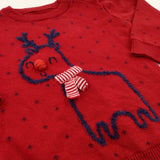 Reindeer Appliqued Red & Navy Knitted Christmas Jumper - Boys/Girls 6-9 Months