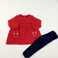 **NEW** Reindeer Pockets Red Jersey Dress & Navy Leggings Set - Girls 12-18 Months