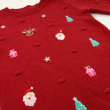 Reindeer, Stars & Father Christmas Embroidered Red Knitted Dress - Girls 2-3 Years