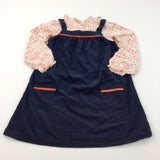 Navy & Red Lightweight Corduroy Dress & Patterned Red & White Cotton Long Sleeve Top Set - Girls 6-7 Years