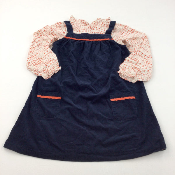 Navy & Red Lightweight Corduroy Dress & Patterned Red & White Cotton Long Sleeve Top Set - Girls 6-7 Years