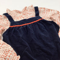 Navy & Red Lightweight Corduroy Dress & Patterned Red & White Cotton Long Sleeve Top Set - Girls 6-7 Years