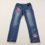 'Beautiful' Flowers Embroidered Mid Blue Denim Jeans with Adjustable Waistband - Girls 6-7 Years
