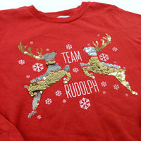 'Team Rudolph' Sequin Flip Red Lightweight Christmas Sweatshirt - Girls 6-7 Years
