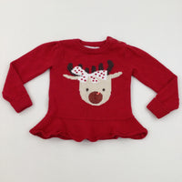 Sequins Reindeer Red Knitted Christmas Jumper - Girls 9-12 Months