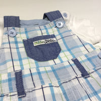 'Little Smiler' Badge Blue, White & Green Checked Cotton Short Dungarees & White T-Shirt Set - Boys Newborn