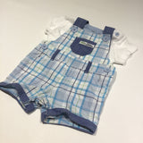 'Little Smiler' Badge Blue, White & Green Checked Cotton Short Dungarees & White T-Shirt Set - Boys Newborn