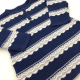 Blue & White Stripe Long Sleeve Dress - Girls 3-6 Months
