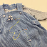 'Brumm' Bear & Car Appliqued Blue Corduroy Dungarees and Checked Long Sleeve Top Set - Boys Petite Baby