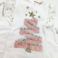 Christmas Tree Appliqued White & Pink Sweatshirt - Girls 6-12 Months