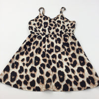 Animal Print Cream, Black & Lightweight Polyester Sun Dress - Girls 8 Years