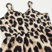 Animal Print Cream, Black & Lightweight Polyester Sun Dress - Girls 8 Years