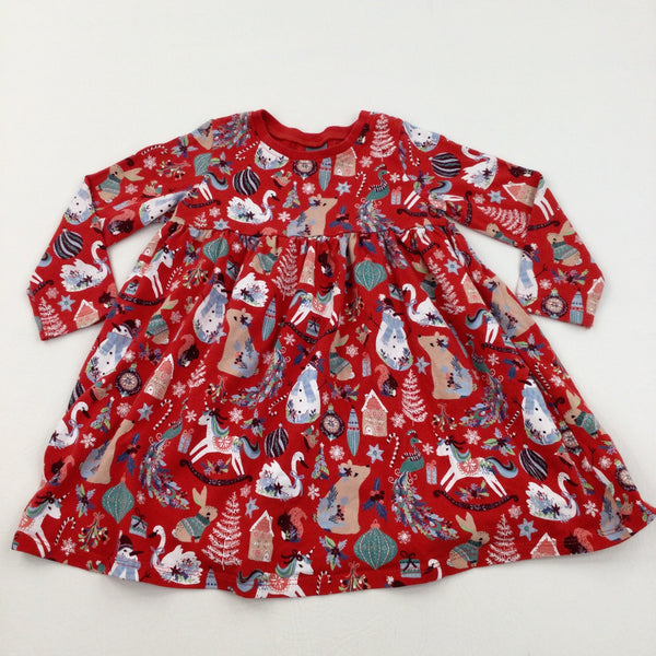 Christmas Animals & Scenes Red Jersey Christmas Dress - Girls 18-24 Months