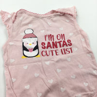 'I'm On Santa's Cute List' Penguin & Heart Pink Bodysuit - Girls 6-9 Months - Christmas