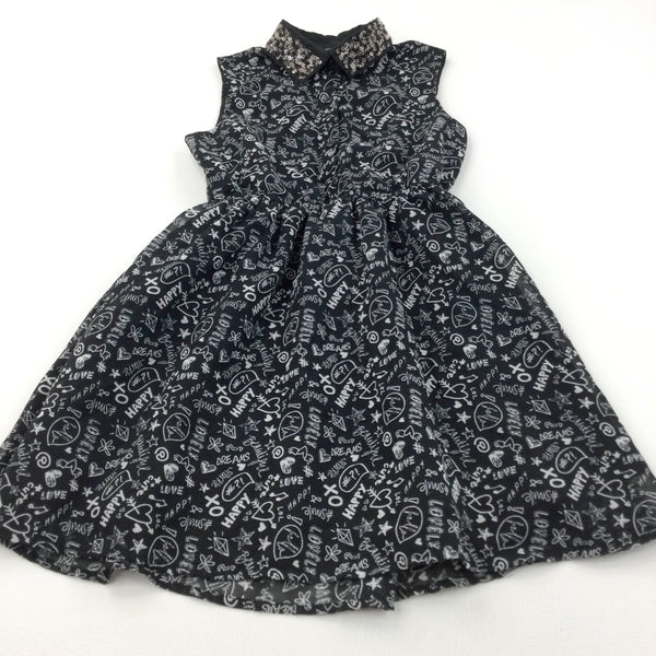 'Happy, Lovely, Dreams' Sequins Collar Black & White Polyester Party/Sun Dress - Girls 8-9 Years