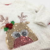 **NEW** Rudolph Reindeer Sequins White Fluffy Christmas Jumper - Girls 12-18 Months