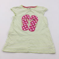 Flip Flops Appliqued Pink, White & Lime Green T-Shirt - Girls 9 Years