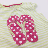 Flip Flops Appliqued Pink, White & Lime Green T-Shirt - Girls 9 Years