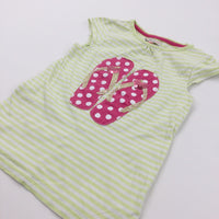 Flip Flops Appliqued Pink, White & Lime Green T-Shirt - Girls 9 Years