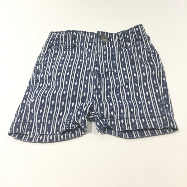 Diamond Pattern Navy & White Striped Cotton Shorts - Boys 0-3 Months