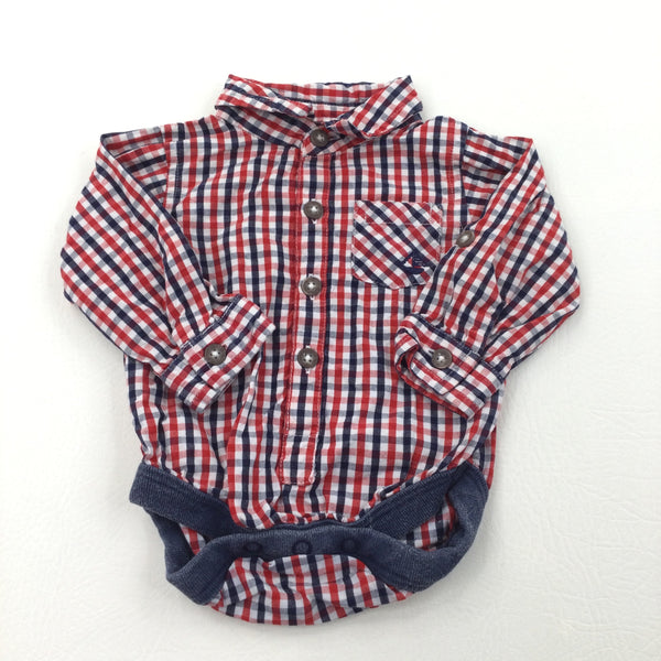 Boat Appliqued Red, White & Navy Checked Cotton Shirt Style Long Sleeve Bodysuit - Boys 0-3 Months