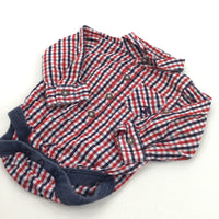Boat Appliqued Red, White & Navy Checked Cotton Shirt Style Long Sleeve Bodysuit - Boys 0-3 Months