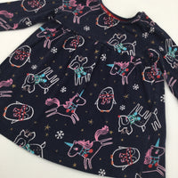 Reindeer & Penguins Navy Long Sleeve Dress - Girls 6-9 Months