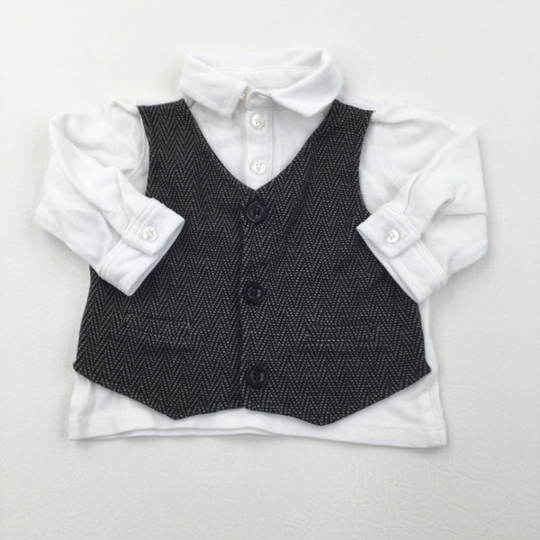 White, Grey & Black Long Sleeve Polo Top with Attached Faux Waistcoat  - Boys 0-3 Months