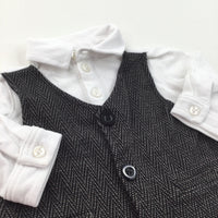 White, Grey & Black Long Sleeve Polo Top with Attached Faux Waistcoat  - Boys 0-3 Months