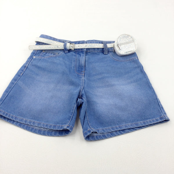 Mid Blue Denim Shorts with Adjustable Waistband & Glittery Belt - Girls 11 Years