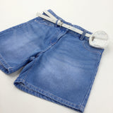 Mid Blue Denim Shorts with Adjustable Waistband & Glittery Belt - Girls 11 Years
